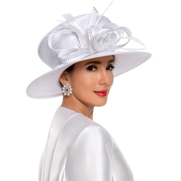 2682 Women\'s Church Hat For Baptism Wedding Wide Brim Rhinestone Fascinator